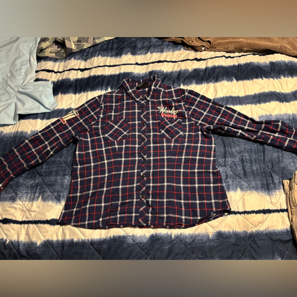 Harley Davidson Blue and Red Plaid Button-Up Shirt